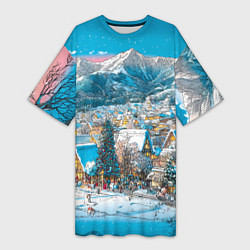 Футболка женская длинная Новогодняя деревушка в горах, цвет: 3D-принт