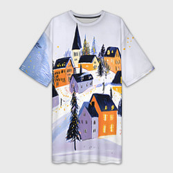 Футболка женская длинная Новогодние домики на горе, цвет: 3D-принт