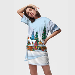 Футболка женская длинная Новогодник дворик, цвет: 3D-принт — фото 2