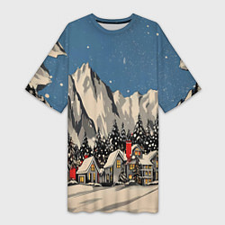 Футболка женская длинная Небольшой новогодний город в горах, цвет: 3D-принт