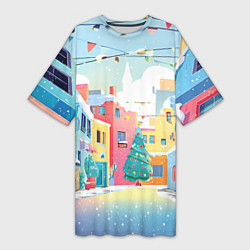 Футболка женская длинная Разноцветный новогодний дворик, цвет: 3D-принт