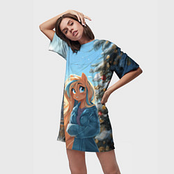 Футболка женская длинная Лошадка на новогодней площади, цвет: 3D-принт — фото 2