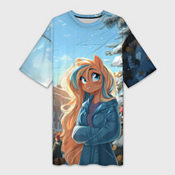 Футболка женская длинная Лошадка на новогодней площади, цвет: 3D-принт