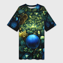 Футболка женская длинная Новогодние шарики на елке, цвет: 3D-принт