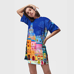 Футболка женская длинная Разноцветные новогодние домики, цвет: 3D-принт — фото 2