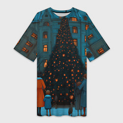 Футболка женская длинная Люди встречают новый год во дворе, цвет: 3D-принт