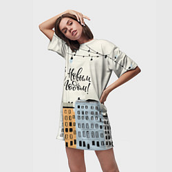 Футболка женская длинная С новым годом - новогодний городок, цвет: 3D-принт — фото 2