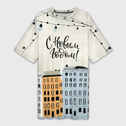 Футболка женская длинная С новым годом - новогодний городок, цвет: 3D-принт