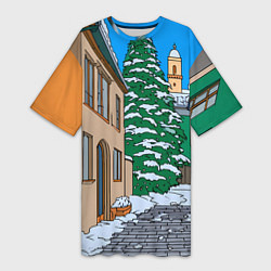 Футболка женская длинная Новогодняя мультяшная улица, цвет: 3D-принт