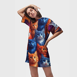 Футболка женская длинная Разноцветные котики паттерн, цвет: 3D-принт — фото 2