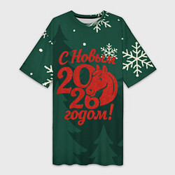 Футболка женская длинная С новым 2026 годом - красная надпись, цвет: 3D-принт