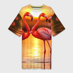 Футболка женская длинная Розовый закат с фламинго, цвет: 3D-принт