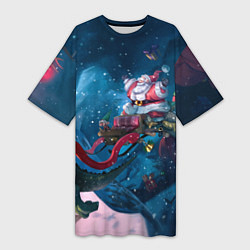 Футболка женская длинная Санта с динозавром, цвет: 3D-принт