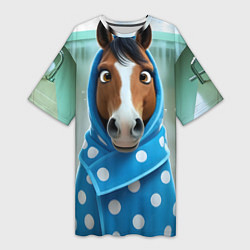 Футболка женская длинная Конь в полотенце, цвет: 3D-принт
