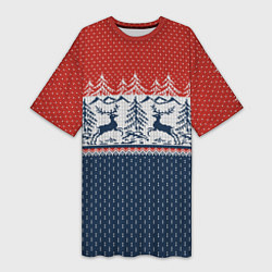 Футболка женская длинная Вязаный узор с оленями, цвет: 3D-принт