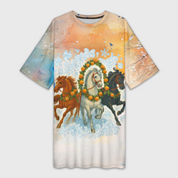 Футболка женская длинная Новогодняя тройка лошадей с мандаринами, цвет: 3D-принт