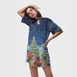 Футболка женская длинная Лошадки в новогоднюю ночь, цвет: 3D-принт — фото 2