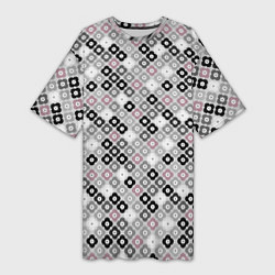 Футболка женская длинная Цветочный серо-розовый узор ретро, цвет: 3D-принт