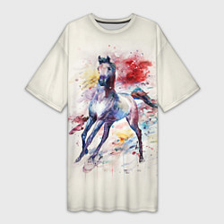 Футболка женская длинная Лошадь: акварель, цвет: 3D-принт