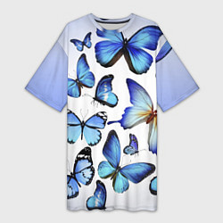 Футболка женская длинная Голубые бабочки, цвет: 3D-принт