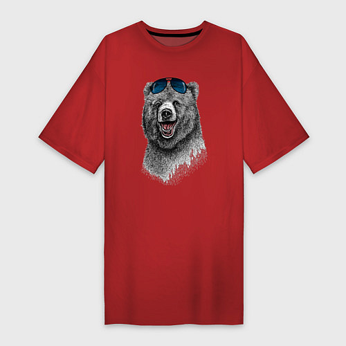Женская футболка-платье Медведь в очках / Красный – фото 1