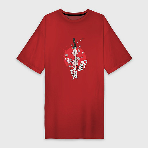 Женская футболка-платье Катана на фоне сакуры Z / Красный – фото 1
