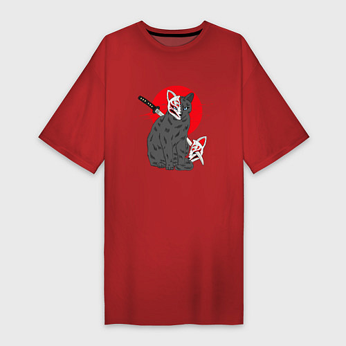 Женская футболка-платье Кот в маске кицунэ / Красный – фото 1