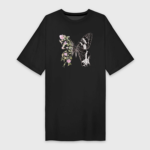 Женская футболка-платье Бабочка и цветы / Черный – фото 1