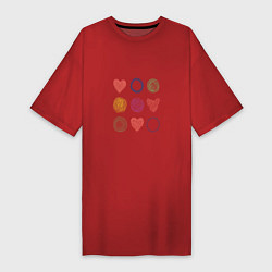 Футболка женская-платье Цветные сердца и круги, цвет: красный