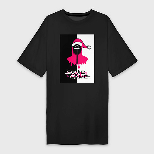 Женская футболка-платье Игра в кальмара Squid Game Новогодний ЧЕРНОЕ БЕЛОЕ / Черный – фото 1
