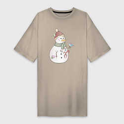 Футболка женская-платье Снеговик с птичкой, цвет: миндальный