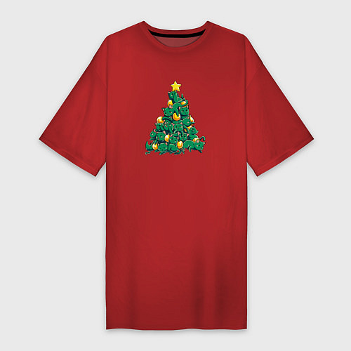 Женская футболка-платье Christmas Tree Made Of Green Cats / Красный – фото 1