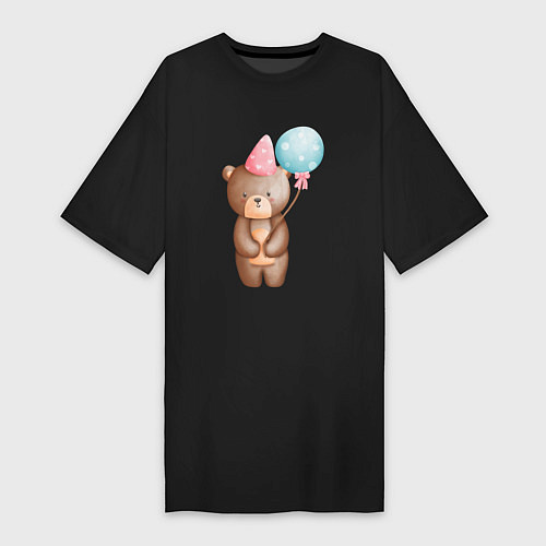 Женская футболка-платье Медвежонок с шариками День Рождения / Черный – фото 1