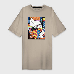 Футболка женская-платье Ромеро Бритто Довольный кот, цвет: миндальный