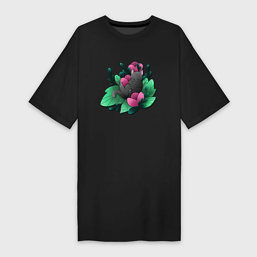 Женская футболка-платье Котик в растениях / Черный – фото 1