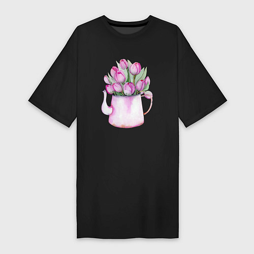 Женская футболка-платье Букет тюльпанов в вазе / Черный – фото 1