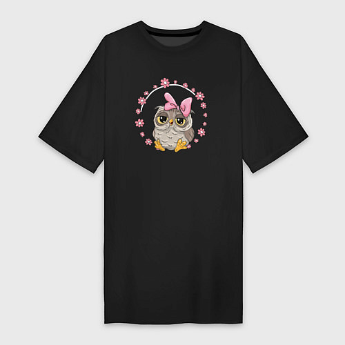 Женская футболка-платье Совушка в цветах / Черный – фото 1