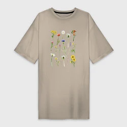 Футболка женская-платье Акварельная иллюстрация полевых цветов, цвет: миндальный