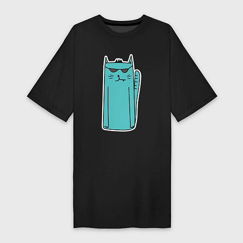 Женская футболка-платье Бирюзовый кот / Черный – фото 1