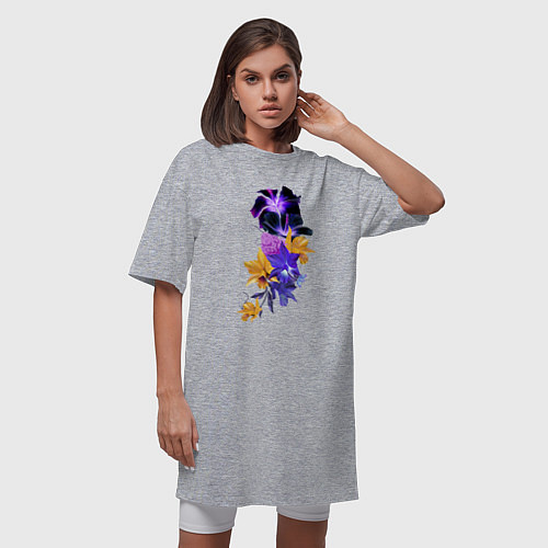 Женская футболка-платье Цветы Фиолетовые и Оранжевые Гибискусы и Ирисы / Меланж – фото 3