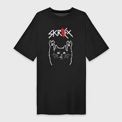 Футболка женская-платье Skrillex Рок кот, цвет: черный