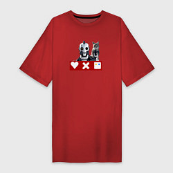 Футболка женская-платье Love death and robots белый робот с котом, цвет: красный