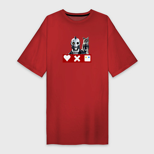 Женская футболка-платье Love death and robots белый робот с котом / Красный – фото 1