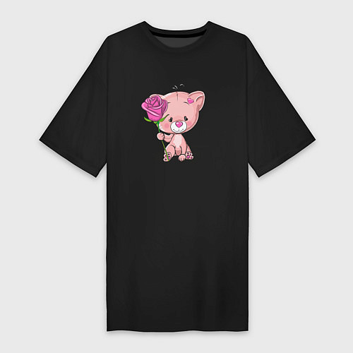 Женская футболка-платье Котенок с розой / Черный – фото 1