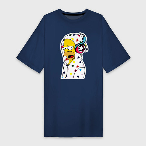 Женская футболка-платье Гомер Симпсон в звёздном балахоне и в наушниках / Тёмно-синий – фото 1