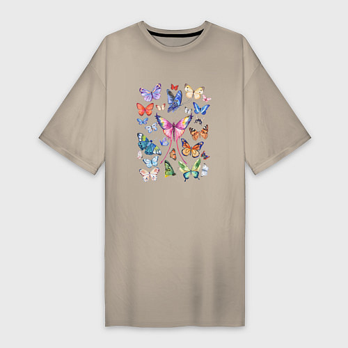 Женская футболка-платье Волшебные бабочки акварелью / Миндальный – фото 1