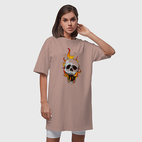 Женская футболка-платье Череп покрыт огнём / Пыльно-розовый – фото 3