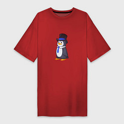 Футболка женская-платье Пингвин в цилиндре, цвет: красный