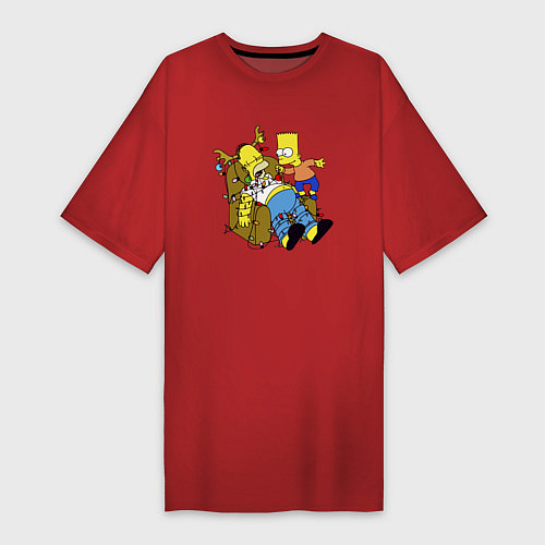 Женская футболка-платье Барт Симпсон делает из папаши новогоднюю ёлку! / Красный – фото 1
