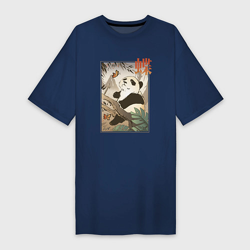 Женская футболка-платье Панда и бабочка - Японская гравюра Укиё Э / Тёмно-синий – фото 1
